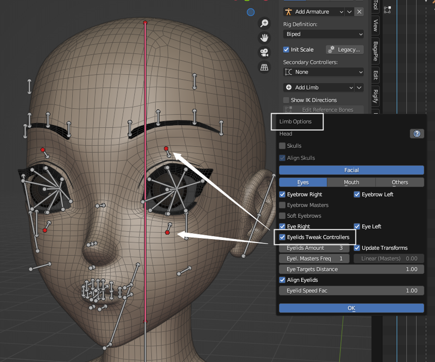 Blender Auto-Rig Pro (ARP)插件 Eyelids Tweak Controllers 操作截圖